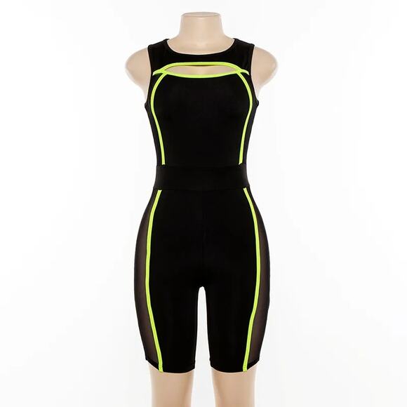Black Neon Green One-Piece Open Bust Athletic One-Piece Women's - Picture 2 of 9